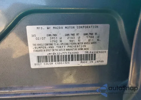 2007 Mazda 3 S z USA, uszkodzony, nr VIN JM1BK324771722090